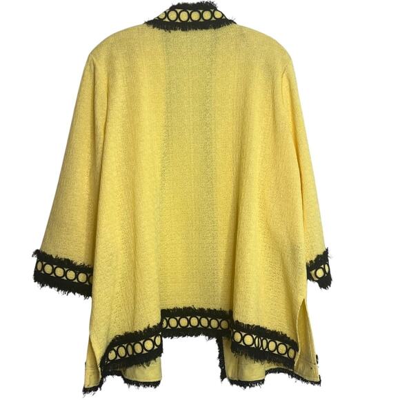 Misook Womens Career Jacket 2X Yellow Black Open Front 3/4 Sleeve Fringe Trim - Picture 4 of 8